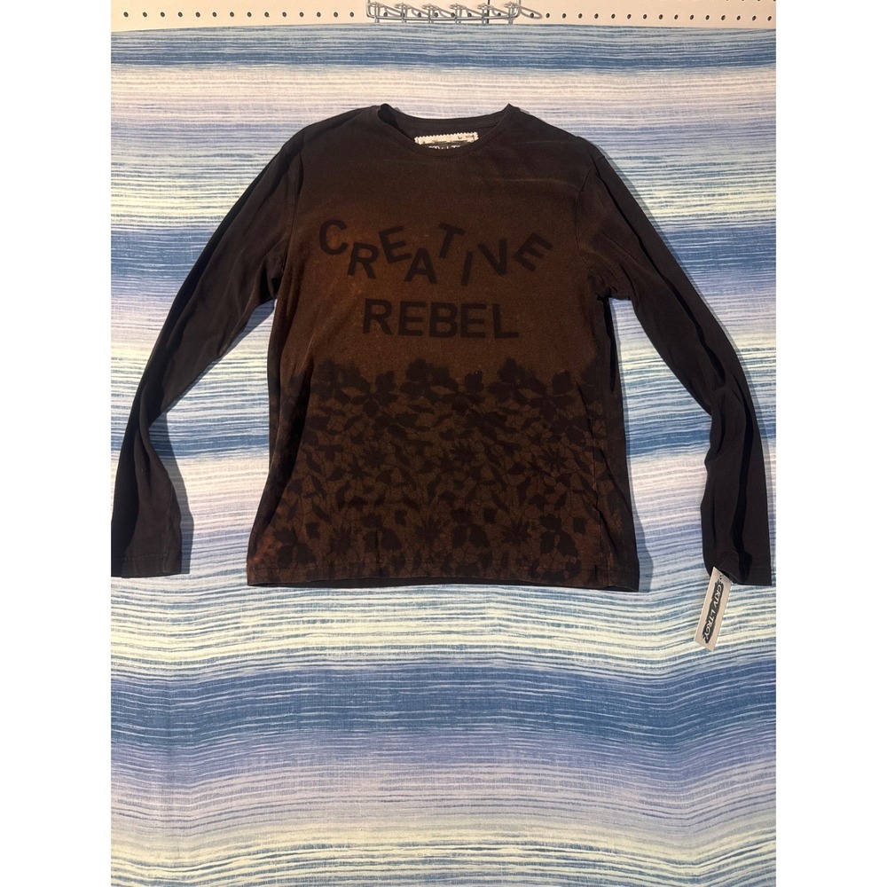 Upcycled Creative Rebel Bleach Lace Stencil Long Sleeve Tee Black Copper Mens L